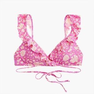J Crew Pink Floral Ruffle Wrap Bikini Top
